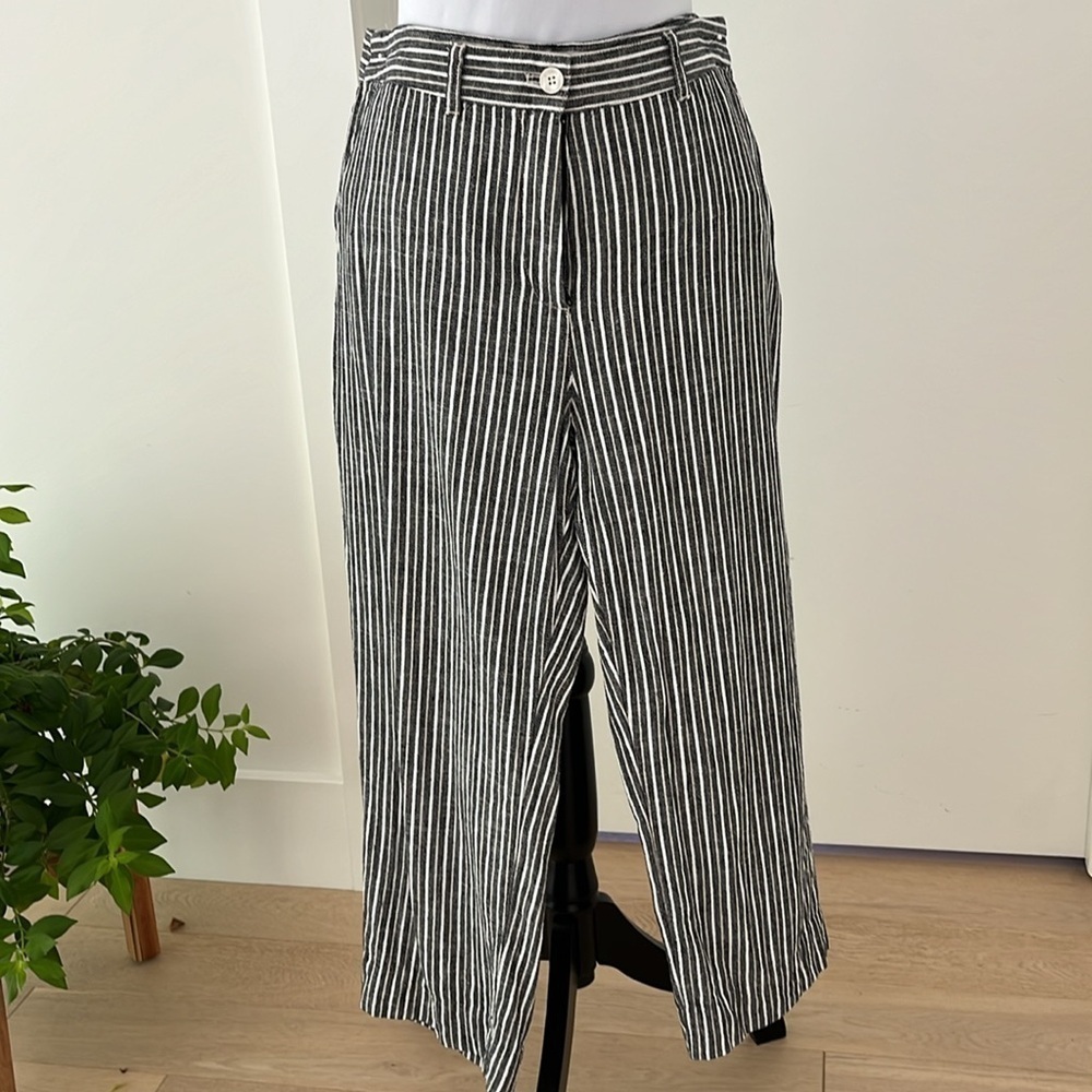OLSEN Mona Straight Cropped Pants Stripes Flat Front Linen Blend Coastal Summer